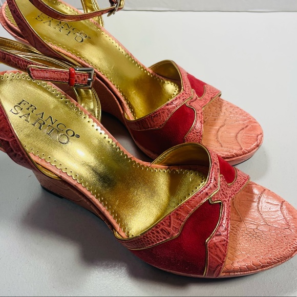 Franco Sarto Red and Pink Faux Snakeskin Ankle Wrap Wedges 8 - Picture 7 of 12